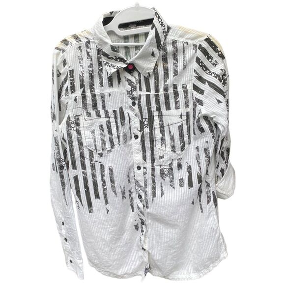 y2k Fox racing white black stripes stars lightweight summer button down size m - Picture 1 of 7